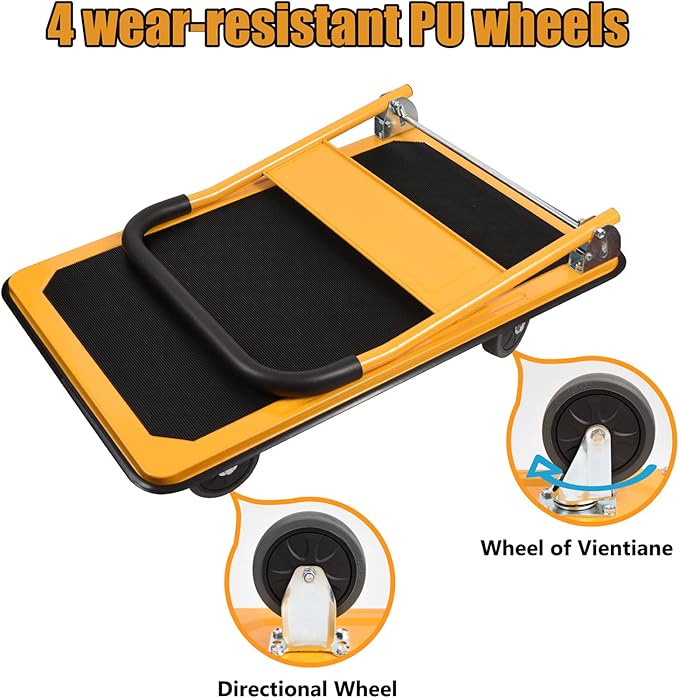 LEADALLWAY Platform Truck Large Size 880lbs Heavy Duty Foldable Push Cart 35.8x24x34.3inches Yellow
