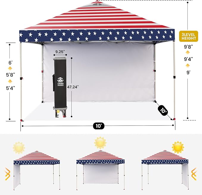 CROWN SHADES 10x10 Pop Up Canopy with 1 Side Wall - Beach Tent with One Push Setup - Outdoor Sun Shade for Events, Parties, Camping - Gazebo with STO-N-Go Cover Bag (American Flag)