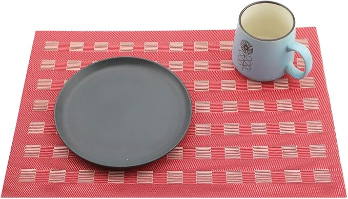 Gugrida Placemats, Placemats PVC Table Mats Woven Vinyl Placemats, Set of 6 (Red)