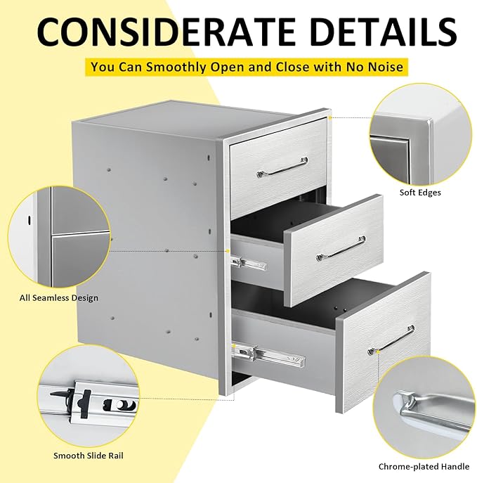 Outdoor Kitchen Drawers 15.7" W x 21.6" H x 17.7" D Flush Mount Triple BBQ Drawers with Chrome Handle Stainless Steel Drawer for Outdoor Kitchen Island, Patio Grill Station