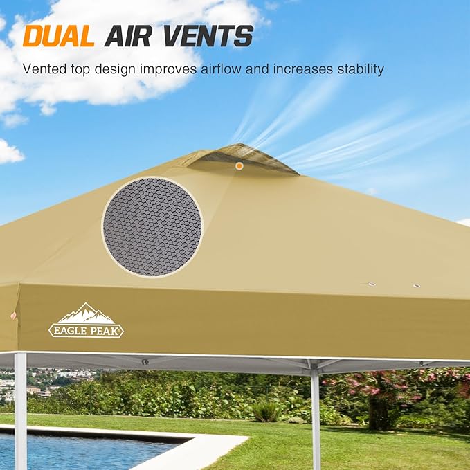 EAGLE PEAK Pop Up Canopy Tent with Wheeled Carry Bag, 8 Stakes, 4 Ropes, 4 Weight Bags, Easy Set Up Tent Canopy, 10x10 ft, 100sqft of Shade, Beige