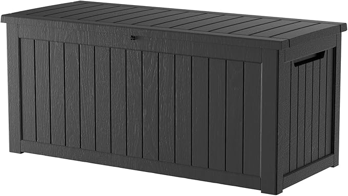 270 Gallon Resin Deck Box, Waterproof Outdoor Storage Box for Patio Furniture Cushions, Garden Tools, and Pool Accessories, Large Lockable UV-Resistant Storage Bin Bench Cabinet for Outside, Black
