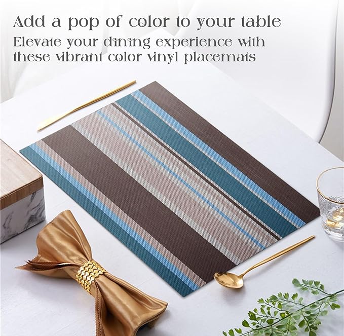 Set of 6 Colorful Striped Vinyl Placemats Heat-Resistant Washable Placemats Non-Slip Woven Table Mats Wipeable Placemat for Kitchen Dining Table Decoration Indoor Outdoor (Blue&Brown)