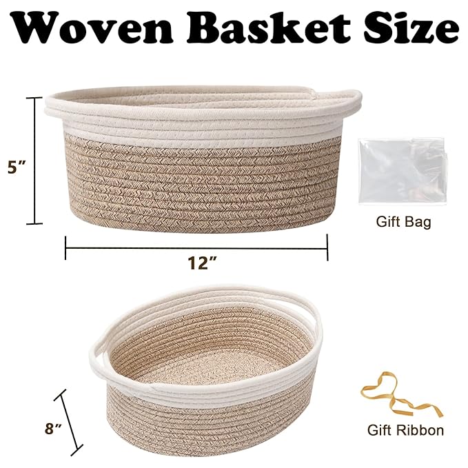 Gift Basket with Gift Bag and Ribbons,Small Rope Woven Shelf Storage,Baskets for Gifts Empty,Birthday,Baby Shower,Decorative Organizer Box with Handles(White&Mixed Brown)