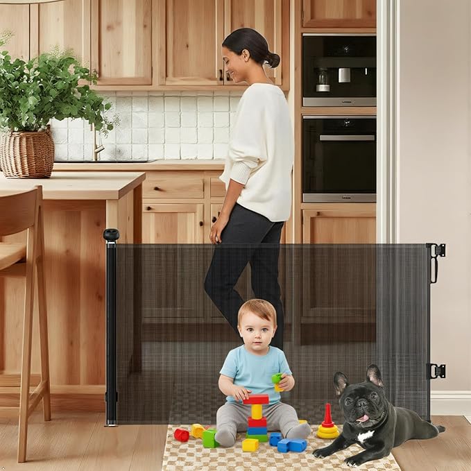 Retractable Safety gate, pet/Dog/cat Temporary Door, Baby Safety Temporary Door,for Doorways and Stairs,Expands to 71" Wide, Easy Installation(Black,33.5"x71")