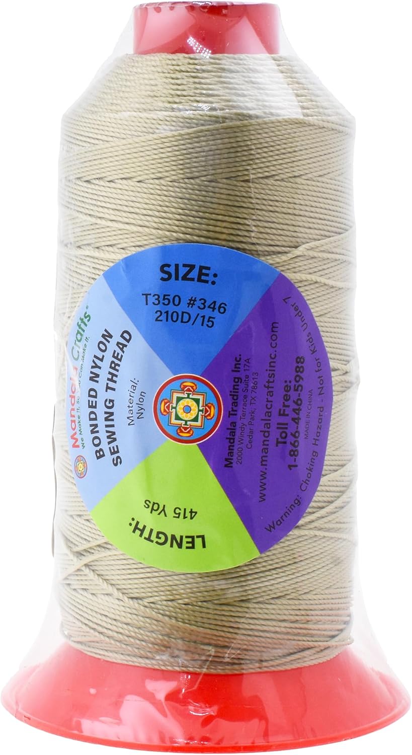 Mandala Crafts Bonded Nylon Thread Beige Heavy Duty Sewing Threads - 415 YDs Size 346 210D T350 Tex 350 Thread for Leather Jeans Weaving Outdoor Marine Upholstery Threads