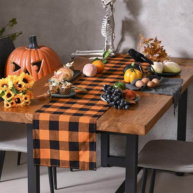 Tosewever Halloween Buffalo Check Plaid Table Runner, Cotton Polyester Blend Classic Family Dinner Table Runners for Indoor Outdoor Parties Events Home Decoration (Orange and Black, 14 x 72 Inch)