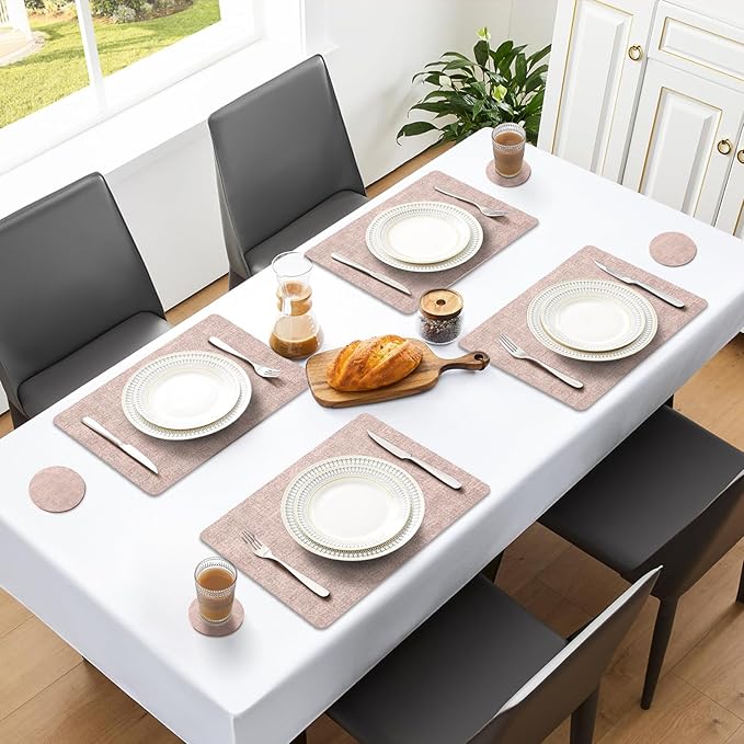 MOSAYT Faux Leather Placemats Set of 8, Heat Resistant Vinyl Place Mats with Coasters, Wipeable Washable Waterproof Oil Proof Table Mats for Kitchen Dining Indoor Outdoor, 12" x 17", Pink