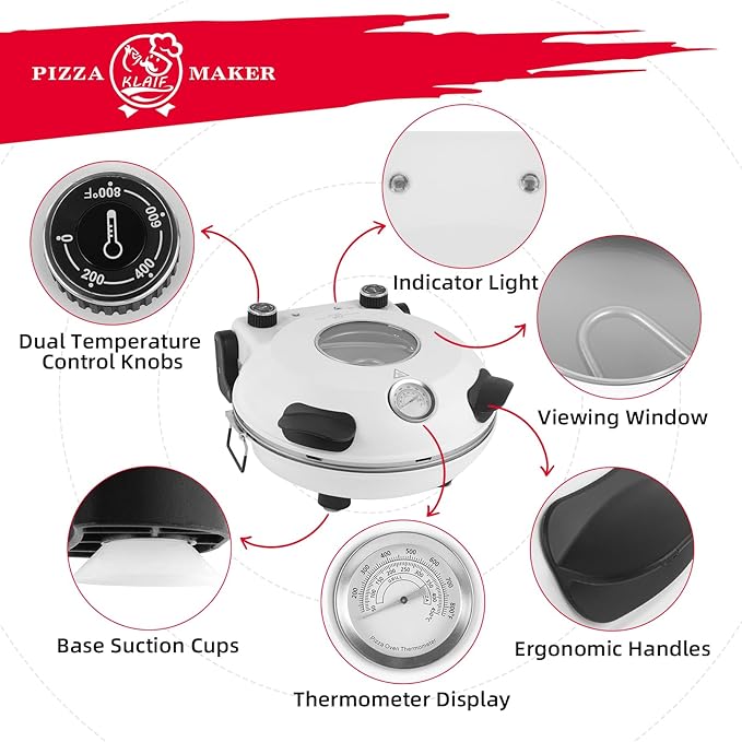 KLAIF 12" Electric Countertop Pizza Oven Indoor With Ceramic Stone, Dual Adjustable Temperature Controls, Includes 4 Pizza Tools, LMR-White