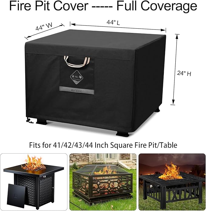 QH.HOME Fire Pit Cover Square Super Waterproof, 44" L x 44" W x 24" H Outdoor Firepit Table Cover 600D Strong Tear Resistant, UPF 50+ Fire Pit Cover Fading Resistant for Square Fire Pit - Black