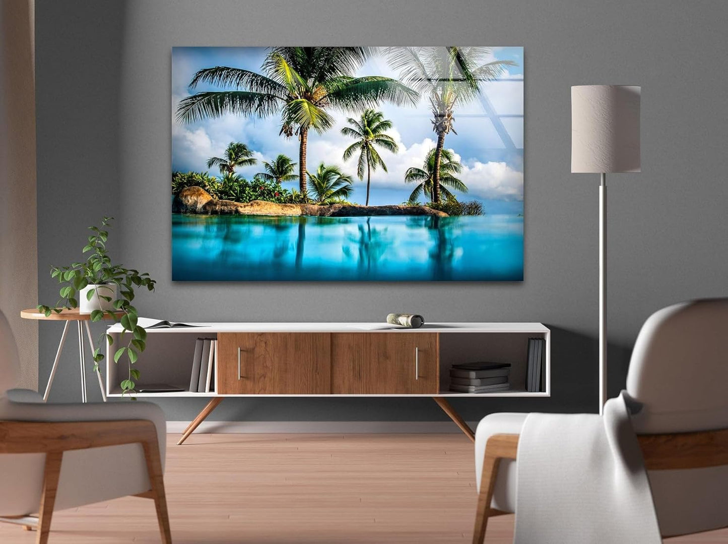 My Photostation.com Round 24'' Island & Blue Sea Glass Wall ArtTempered Glass Printing Wall Decor Large Wall Art Wall Hangings