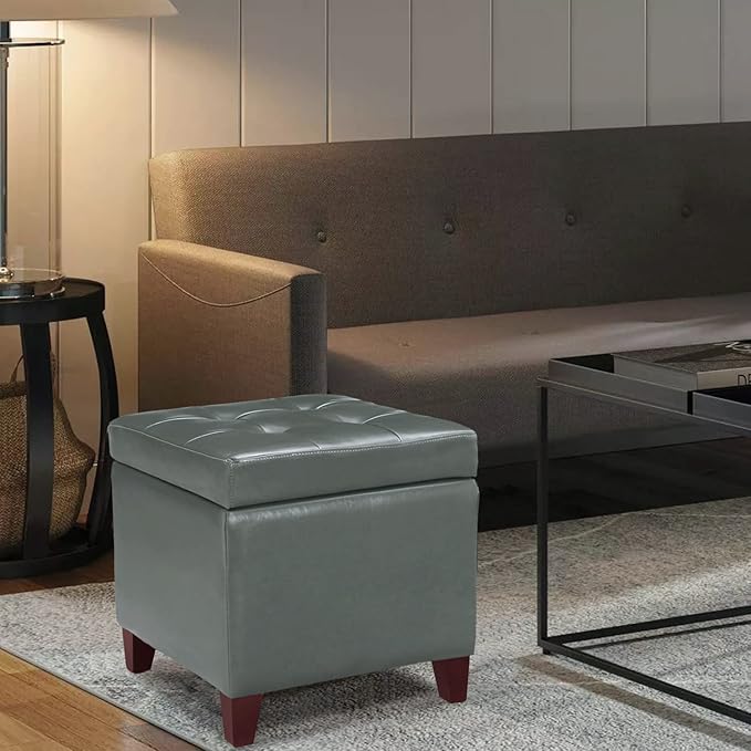 Homebeez Tufted Faux Leather Storage Ottoman Square Cube Foot Rest Stool with Flip Top (Grey)