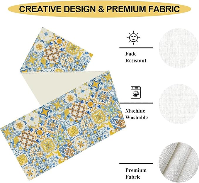 Mexican Table Runner, Blue Rustic Mexico Talavera Ceramic Dia De Los Muertos Coffee Table Center Decor for Family Home Kitchen and Dining Farmhouse Indoor Outdoor Table Decorations, 13" X 36"