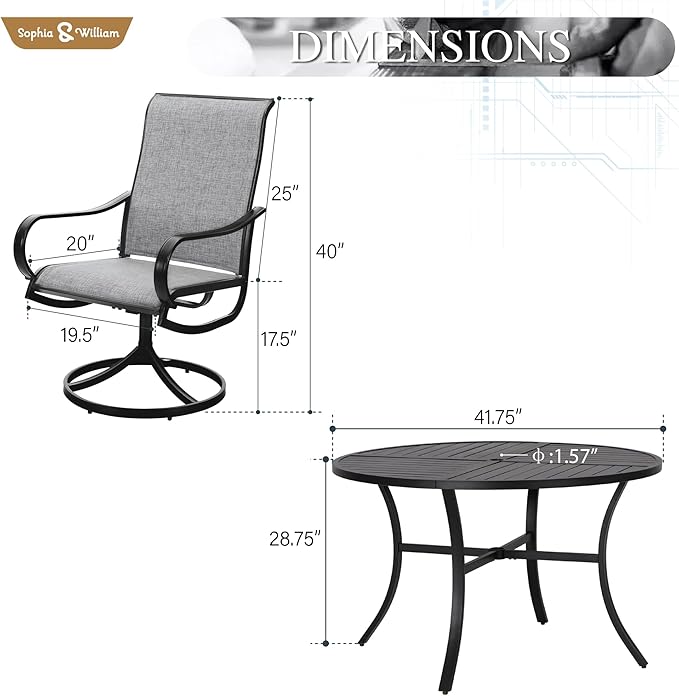 Sophia & William Outdoor Dining Set Patio Dining Set for 4 Round Patio Table and Chairs Set 5 Pieces with Swivel Patio Chairs 42" Metal Table for Garden Pool All Weather Grey