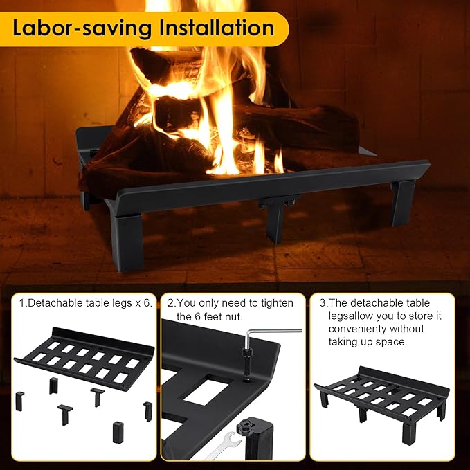 STBoo Fireplace Grate 17inch - Wood Stove Grates Heavy Duty | Fireplace Log Holder | Firewood Log Burning Wrought Iron Rack | Fire Pit Tray for Indoor Chimney Hearth & Outdoor Kindling Tool