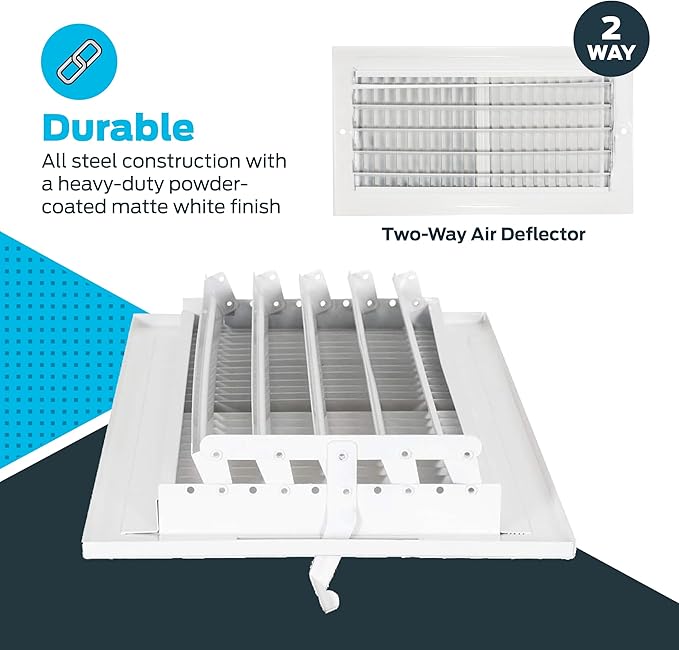 EZ-FLO 14 x 6 Inch (Duct Opening) Air Vent Cover for Wall or Ceiling, Two-Way Ventilation Register, Solid Steel HVAC Register Cover, White, 61613