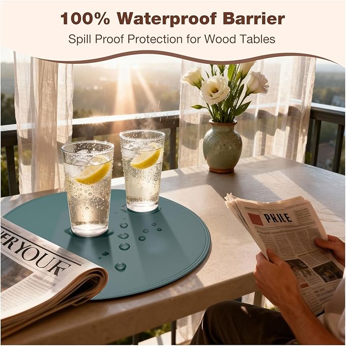 Round Vinyl Blue Placemats Set of 6, Faux Leather Waterproof Wipeable Heat Resistant Place Mats, Washable Table Mats for Halloween, Thanksgiving & Christmas Dinner(Light Blue)