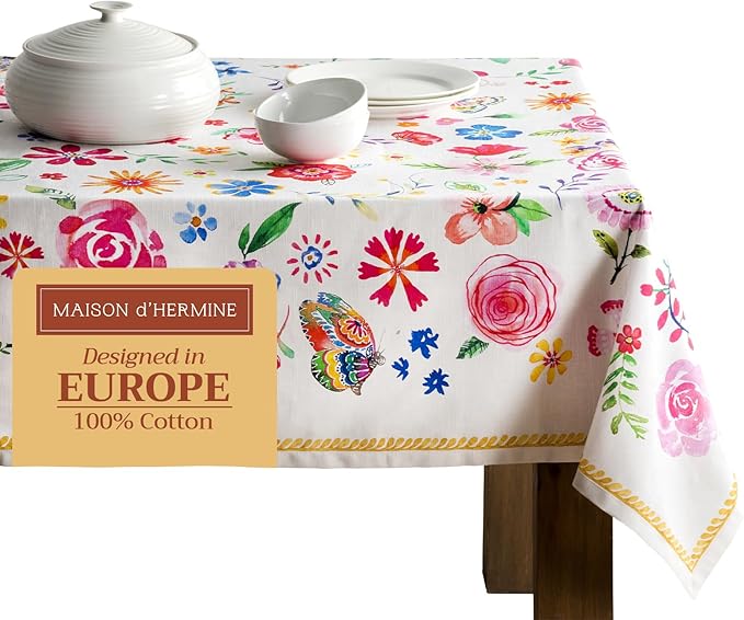 Maison d' Hermine Table Cloth Rectangle Table 100% Cotton 60 x 90 Inches Tablecloth Reusable for Dining Room, Farmhouse, Home, Party, Festive & Wedding Spring Summer - Happy Florals - Sweety