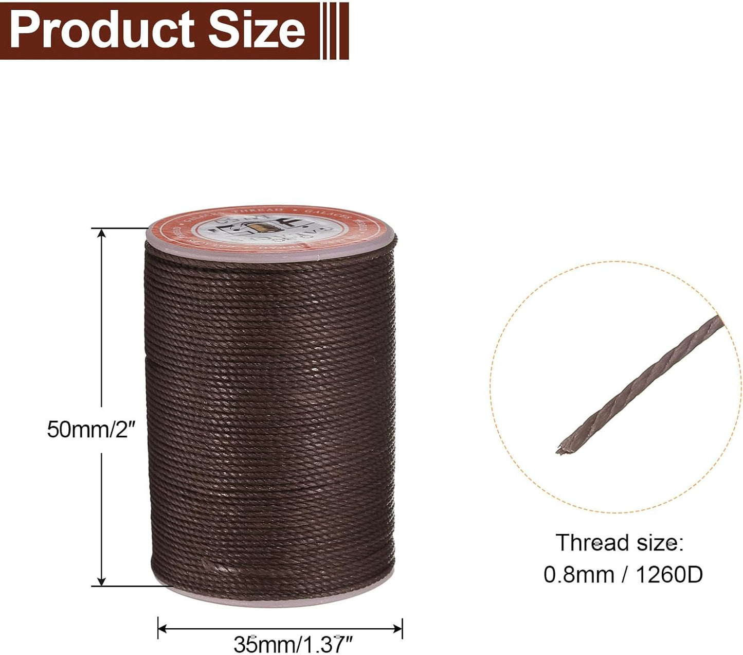 uxcell Round Leather Sewing Waxed Thread, 55m / 60 Yards Wax Polyester String, 0.8mm Waxed Stitching Cord for Leather Crafts, Bookbinding, Bracelets Braided, Coffee Brown