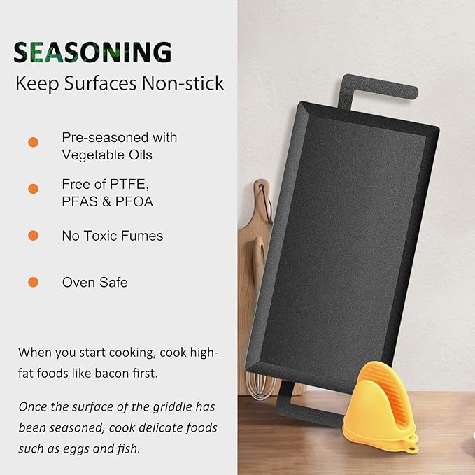 Universal Large Carbon Steel Griddle for Outdoor Gas Grill, Induction, Gas/Electric Stove, and Oven, Double Burner Griddle with Thickened Heat-insulating Gloves, Pre-seasoned Nitride Coating Process