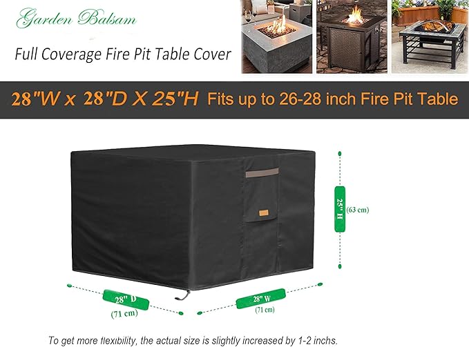 Fire Pit Cover 600D Heavy Duty Waterproof Fabric With PVC Coating Square 28" Wx 28" D x 25" H Black Fits for 26-28 Inch Fire Pit Table Fade Resistant Outdoor Firepit Cover