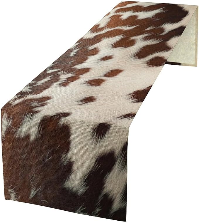 Cow Print Table Runner, Western White Brown Cowhide Rustic Coffee Table Runner for Home Kitchen Dining Room Farmhouse 13x90in