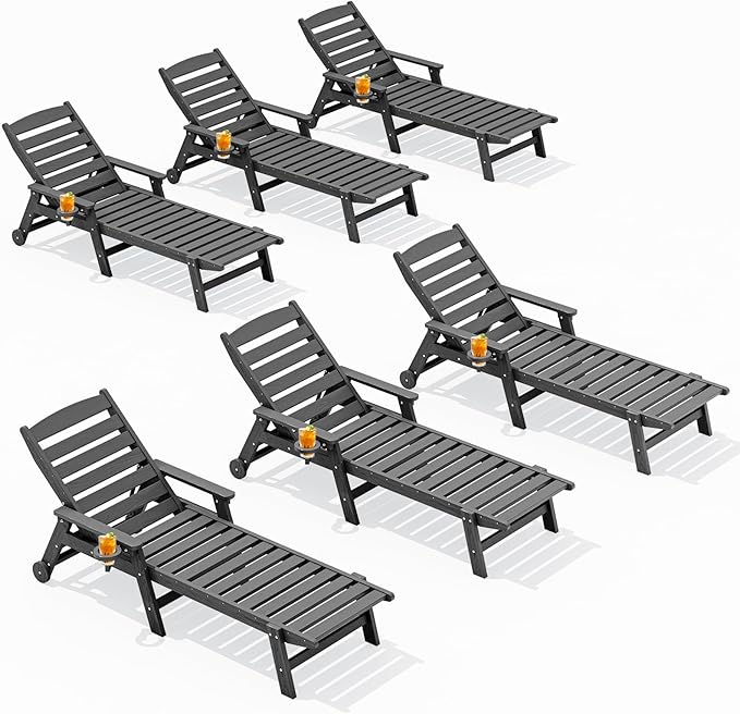SERWALL Patio Chaise Lounge Chair Set of 6, 5 Positions Adjustable Poly Outdoor Lounger for Pool, HDPE Lounge Chair with Rolling Wheels & Cup Holder for Poolside, Deck, Slate Gray