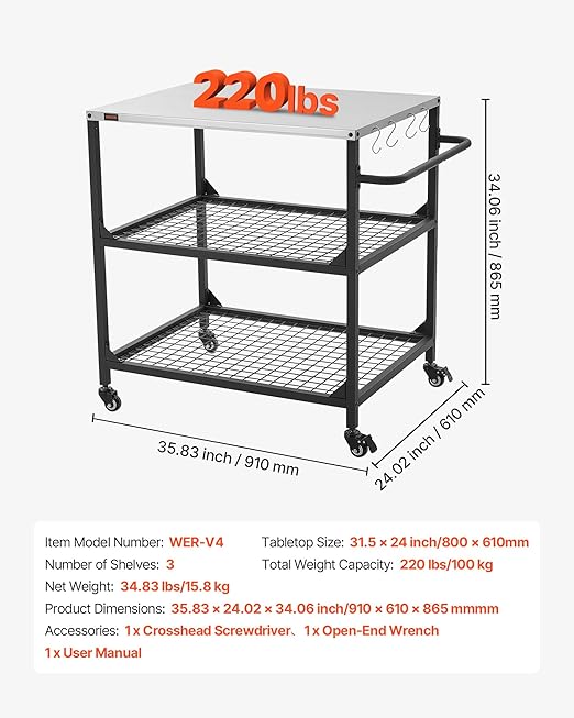 VEVOR Outdoor Grill Cart, 31.5 x 24.0 inch Stainless Steel Tabletop Size Grilling Table, Outdoor Cooking Table with 4 Wheels & Side Handle, Two Mesh Shelves, BBQ Prep Tables for Patio, Garden