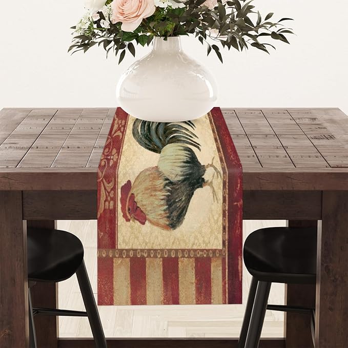 Vintage Watercolor Rooster Table Runner Kitchen Dining Table Runner 13*60in Table Center Decor for Indoor Outdoor Home Holiday Party