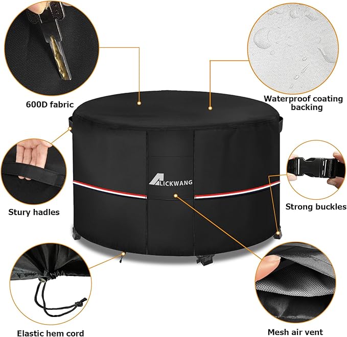 Fire Pit Cover Round 34 Inch Waterproof,Outdoor Heavy Duty Durable 600D Tear-Resistant Fire Pit Table Cover,Patio Round Firepit Cover 34" D x 15" H, Black