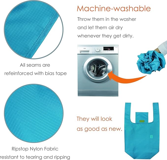 BeeGreen Light Blue Reusable Shopping Bags Wholesale Blue Reusable Grocery Bags Bulk Foldable-Machine Washable with Zipper Storage Pouch 20 Pieces