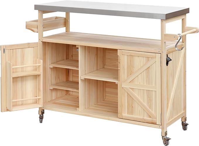 Grill Table,Rolling Bar Cart, Storage Cabinet, Artificial Board,with Stainless Steel Top, Spice Rack, Towel Rack, Storage Space,Kitchen,Outdoor