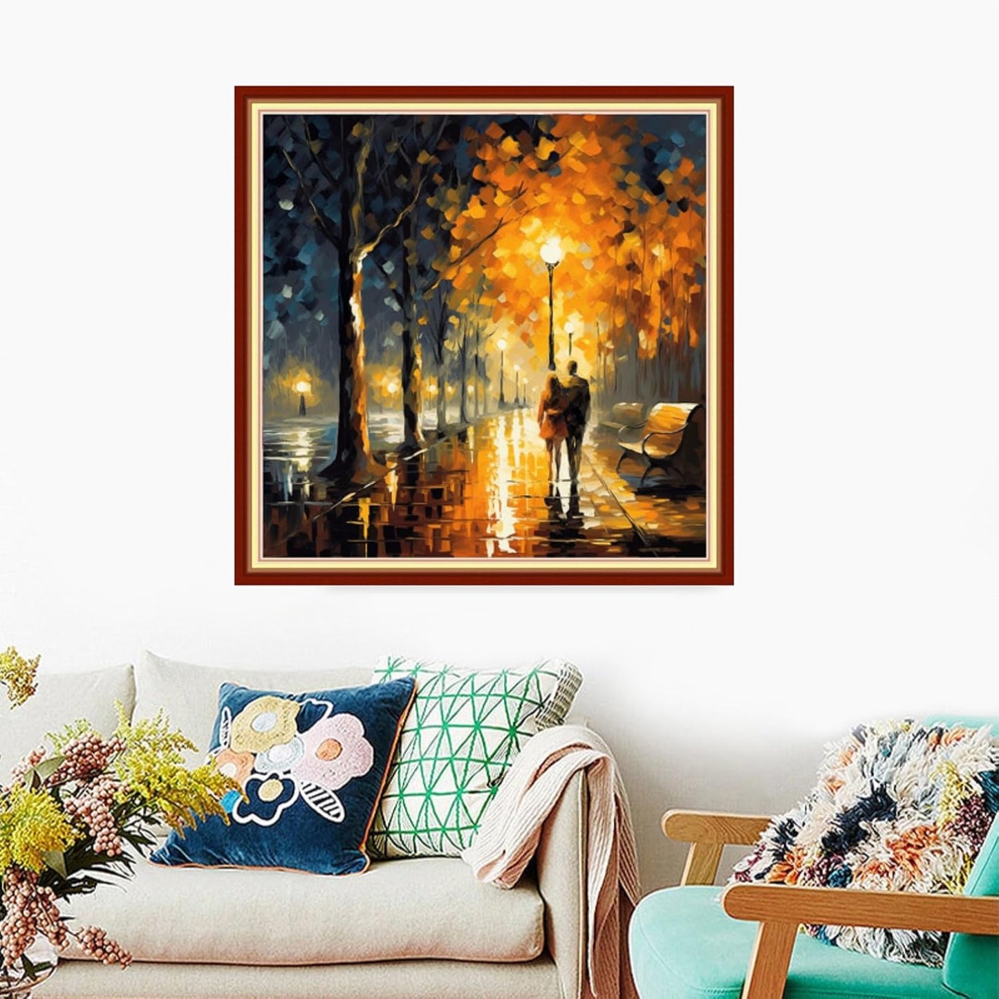 Foxdiviy Stamped Cross Stitch Kits Full Range of Embroidery Needlework Starter Kits for Beginners Adults 11CT Embroidery Patterns Art Crafts DIY Needlepoint Kits-Strolling on a Rainy Night 18x18 inch