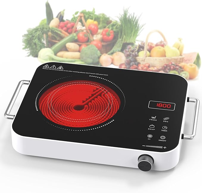 Single Burner Electric Cooktop,1800W 110V Electric Stove Top with Knob Control, Portable Cooktop with 2 Handle,single burner electric stove with Double Ring Heating, 4 hours Timer