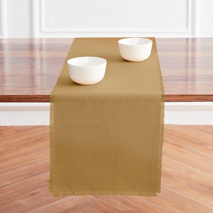 Solino Home Fringe Linen Table Runner 108 Inches Long - 100% Pure Linen Camel Dining Table Runner 14 x 108 Inch