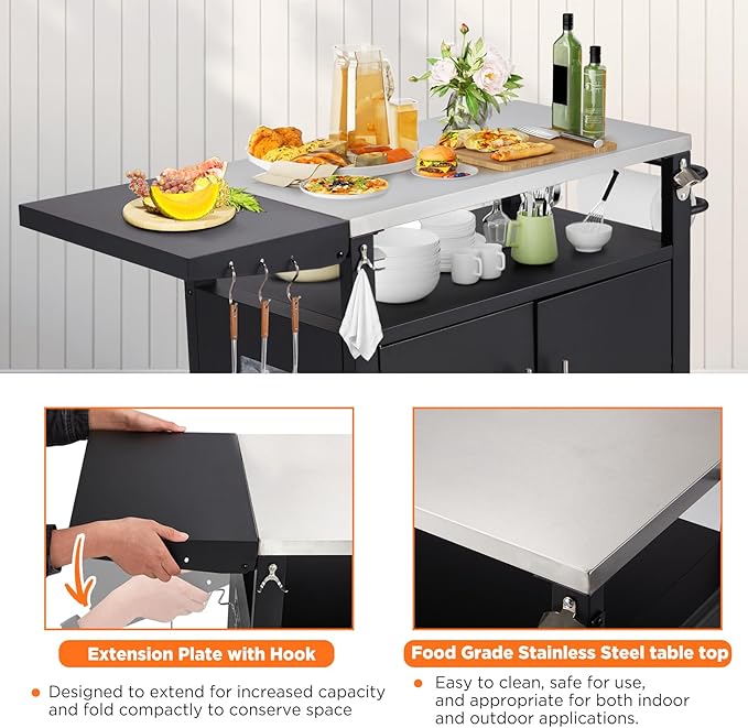 Outdoor Kitchen Storage Cabinet on Wheels, Grill Prep Table Kitchen Cabinets Island with Stainless Steel Top, Extension Plate, Outdoor Pizza Oven Stand Table for BBQ Patio Backyard