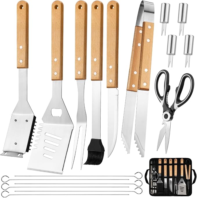 18pcs Wooden Grill Tool Set, BBQ Accessories Heavy Duty Stainless Steel Grill Utensils Set with Carry Bag Spatula, Fork, Tongs & Cleaning Brush and More Grilling Gifts for Christmas Men, Father’s Day
