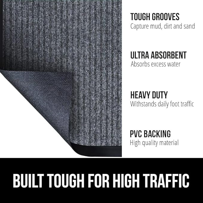GORILLA GRIP Waterproof Traffic Guard Door Mat, 59x24, Heavy Duty Entryway Mats, Strong Rubber Back Commercial Rugs for Office Hallway, Garage Floor and Home, Low Profile Carpet Runner, Charcoal Gray