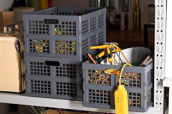 34L Large Plastic Folding Storage Crates,Collapsible Crates for Storage,Pack of 3 (Grey)
