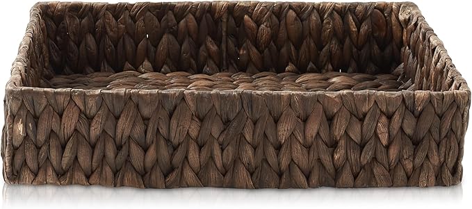 Casafield Set of 2 Bathroom Storage Baskets, Espresso - Water Hyacinth, 15.75" W x 11.25" D x 3.25" H, Woven Toilet Tank Topper Bins for Organizing Tissues, Toilet Paper, Toiletries, Shelves