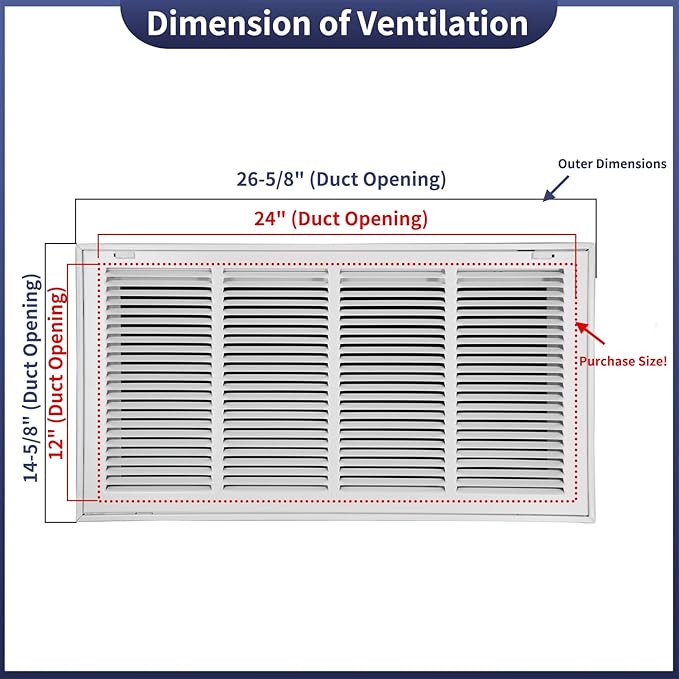 24"W x 12"H [Duct Opening Size] Steel Return Air Filter Grille - Removable Face/Door for 1 inch Filters -HVAC Vent Cover Grill - White [Outer Dimensions: 26 5/8"W X 14 5/8"H]