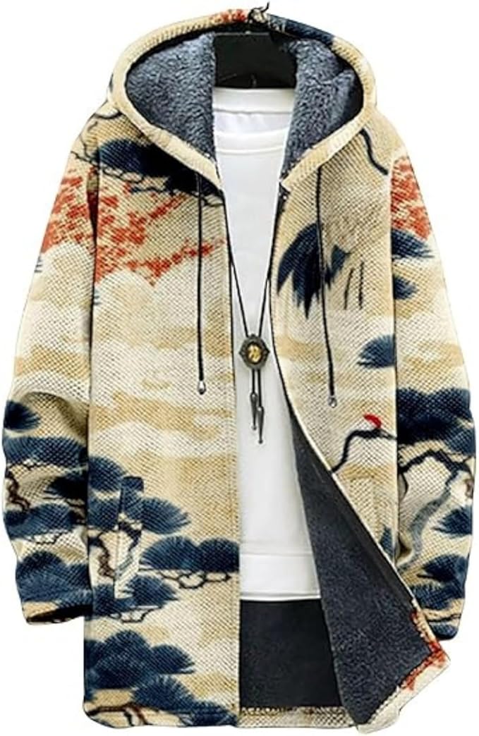 Men's Hooded Sweater Coat Knit Fleece Lined Long Cardigan Jacket with Zip Front Pocket Vintage Casual Zip Up