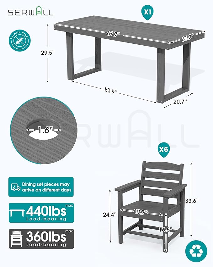 SERWALL HDPE Outdoor Dining Set for 6, 67'' All Weather Patio Dining Table and Chairs Set for Deck, Lawn, Gray