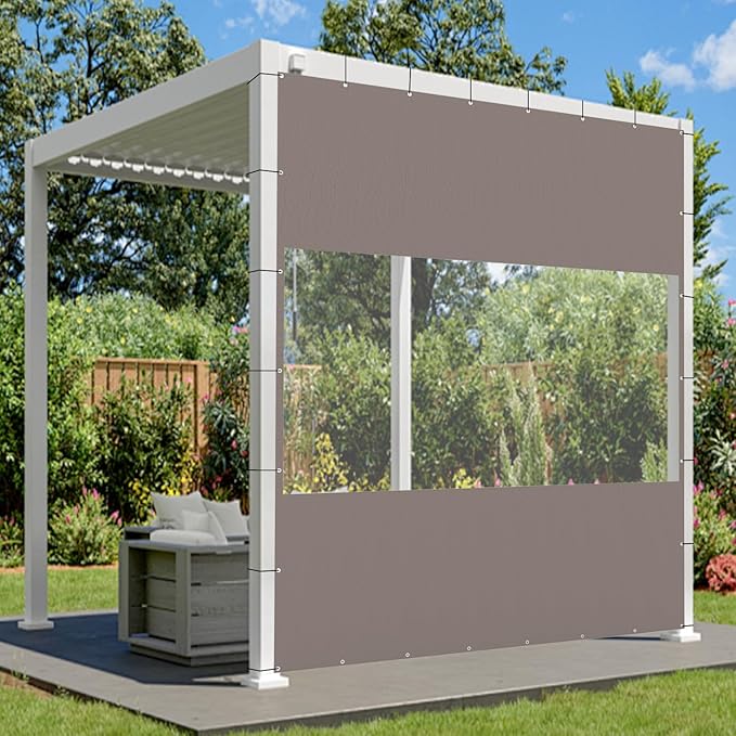 Domi Heavy Duty Outdoor Clear Panel Curtain, 18 oz Waterproof PVC Polyester Curtain, Weather Resistant & Tearproof for Patios, Gazebos, Pergolas, Privacy Screen (10'H x 8'W, Gray)