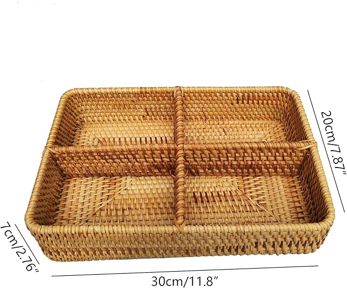 i-Lan Rattan Basket Divider, 12 Inch Divided Tray with 3' Deep Wall, Decorative Wicker Serving Basket for Fruit, Snacks, Catch All Dish