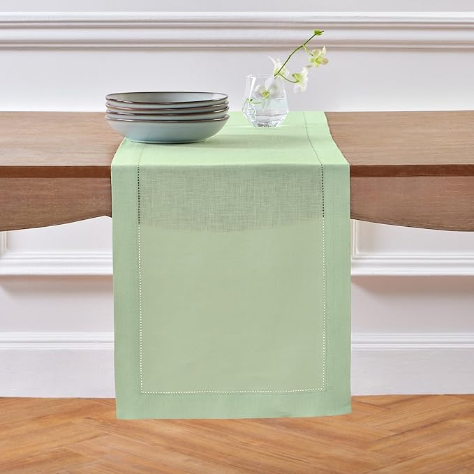 Solino Home Linen Table Runner 90 Inches Long - 100% Pure Linen Light Green Table Runner 14 x 90 Inch for Spring, St Patricks Day, Easter - Classic Hemstitch