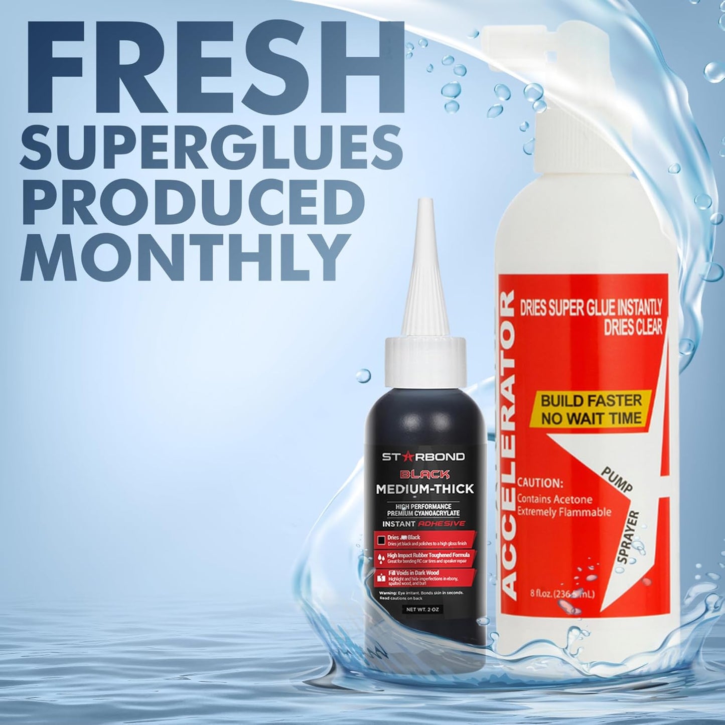 Premium Grade Cyanoacrylate (CA) Super Glue by STARBOND - (2oz) Black Medium-Thick Knot Filler, (8 oz) Pump Accelerator/Activator Bundle for Woodworking, Woodturning