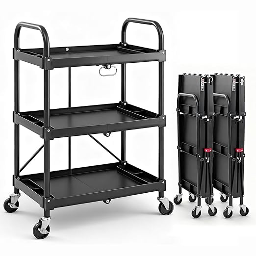 DUMOS 3-Tier Foldable Utility Cart Set of 2, Collapsible Service Cart with 4 Swivel Wheels & Brakes, 120LBS Capacity & Collapsible Storage Rolling Cart for Kitchen, Office, Garden, Garage, Black