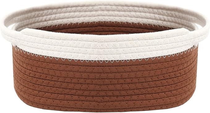 Woven Basket,Small Rope Storage Bin with Handles & Ribbon Bag, Organizer for Shelves Closets,Gift Basket Empty for Birthday,Books,Dog Toys, White&Brown