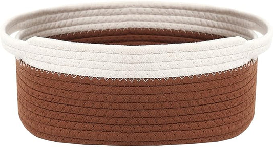 Woven Basket,Small Rope Storage Bin with Handles & Ribbon Bag, Organizer for Shelves Closets,Gift Basket Empty for Birthday,Books,Dog Toys, White&Brown